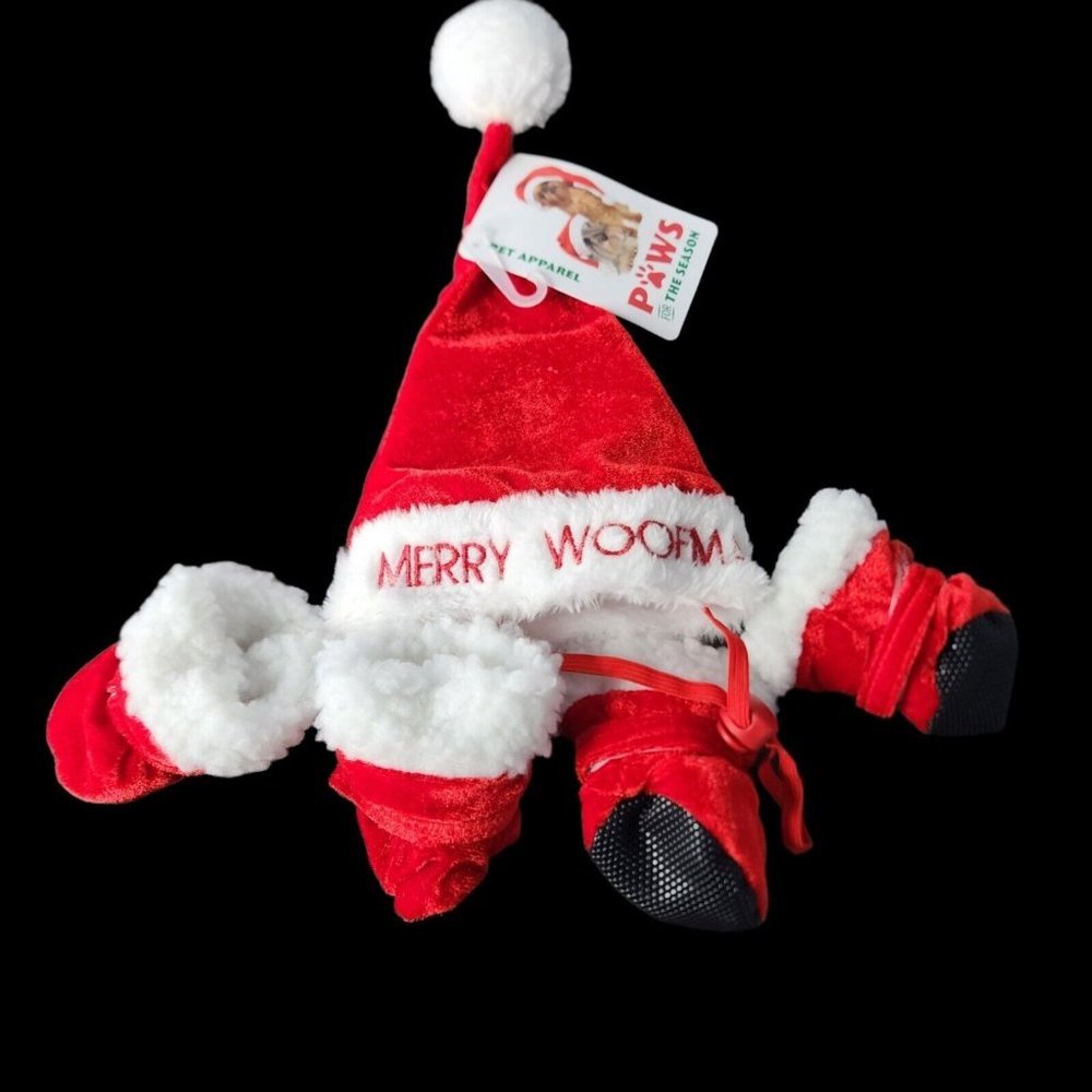 PET APPAREL Christmas Dog Santa Hat with Booties Set, Adjustable Santa Hat